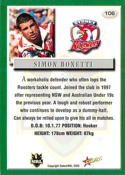 2000 Select #106 Simon Bonetti Back